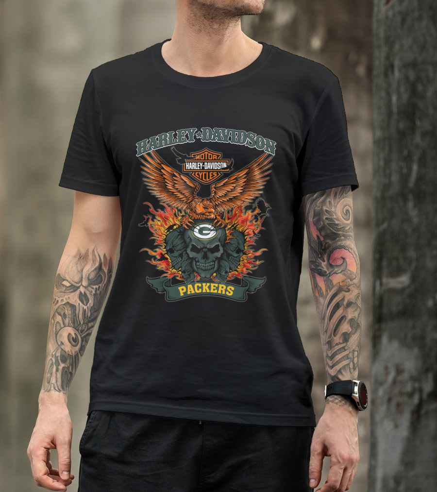 Harley Davidson Motor Cycles Packers Eagle And Skull Fire 0304 Nfl Green Bay T-Shirt