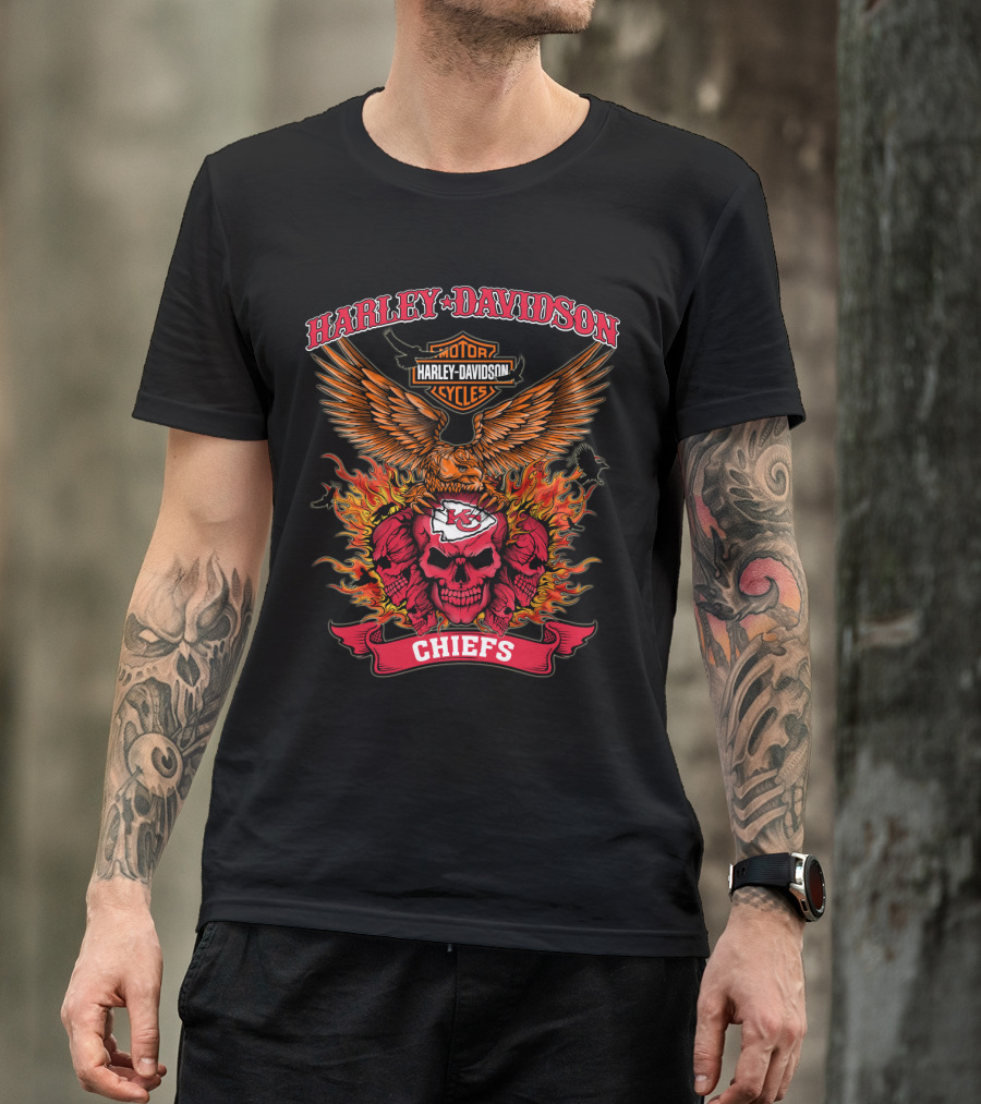 Harley Davidson Motor Cycles Kansas City Chiefs Skull Eagle Flames T-Shirt
