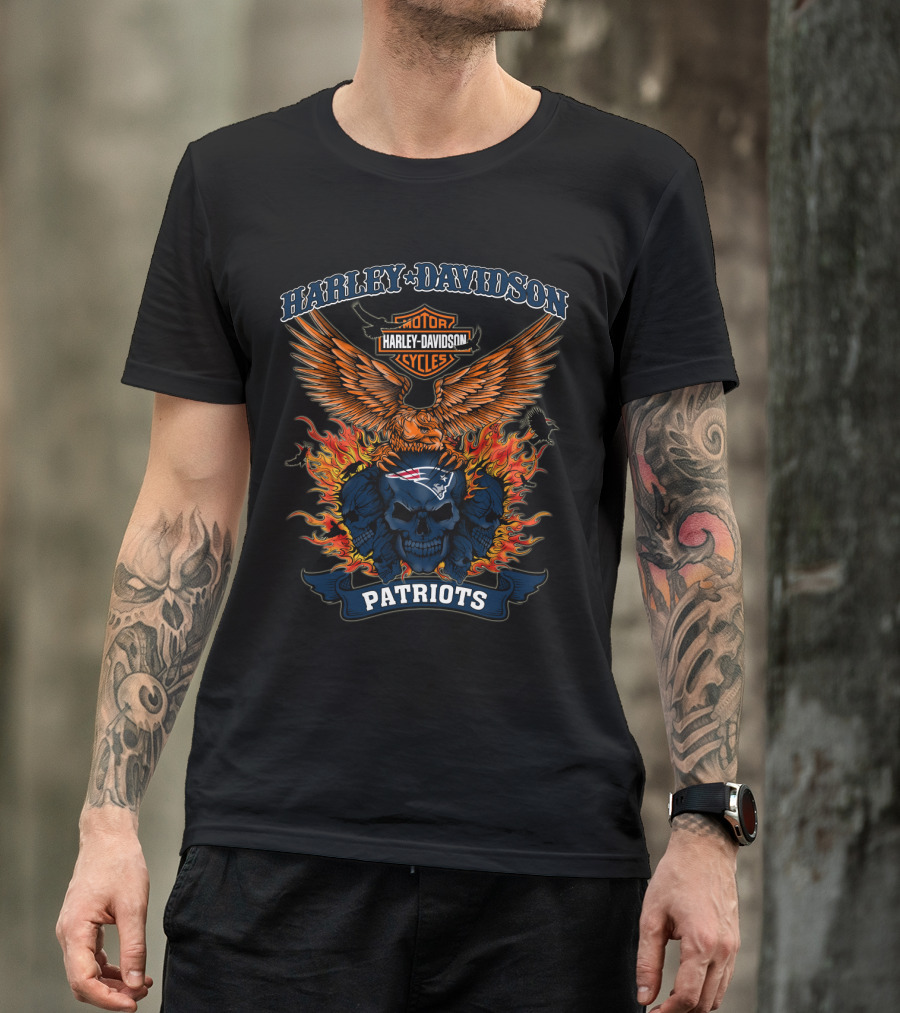 Harley Davidson Motor Cycles Patriots New England Nfl Skull Fire Wings T-Shirt