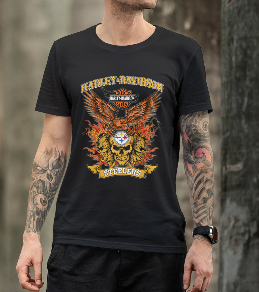 Harley Davidson Motorcycles Steelers Skull With Fire And Eagle 0304 Nfl Pittsburgh Steelers T-Shirt