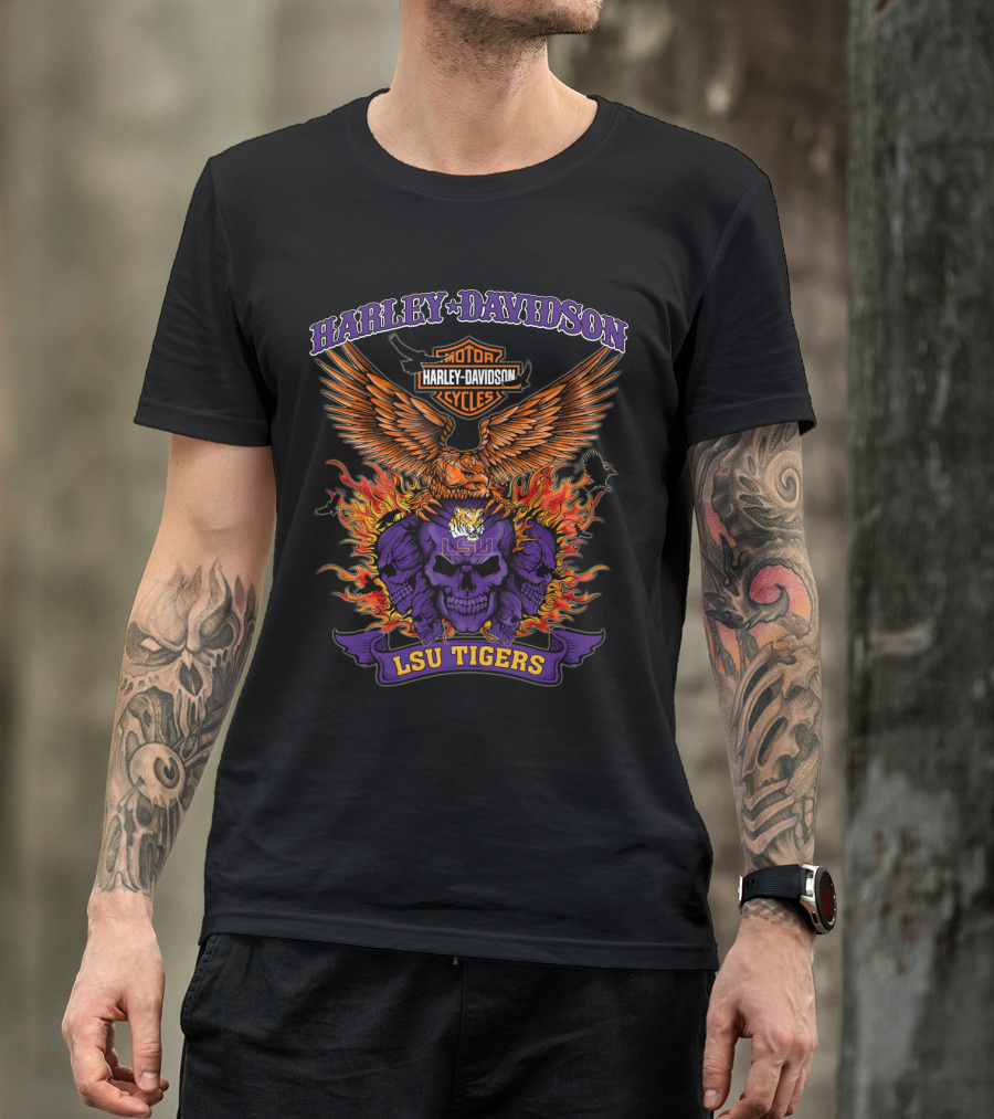 Harley Davidson Lsu Tigers Motorcycles Skull Flames 0304 Ncaa T-Shirt