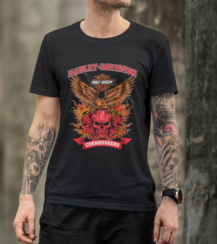 Harley Davidson Nebraska Cornhuskers Skull Flames 0304 Ncaa T-Shirt