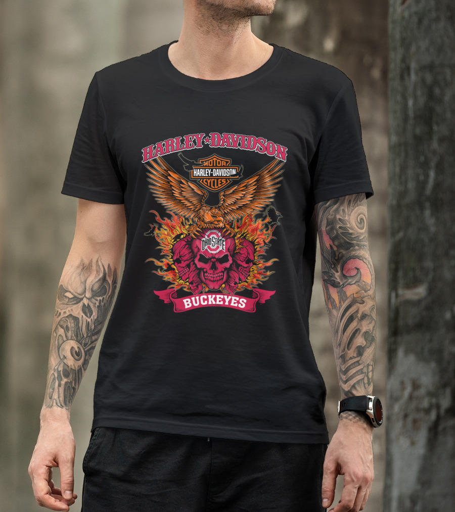 Harley Davidson Ohio State Buckeyes Skull Flames Eagle Wings T-Shirt
