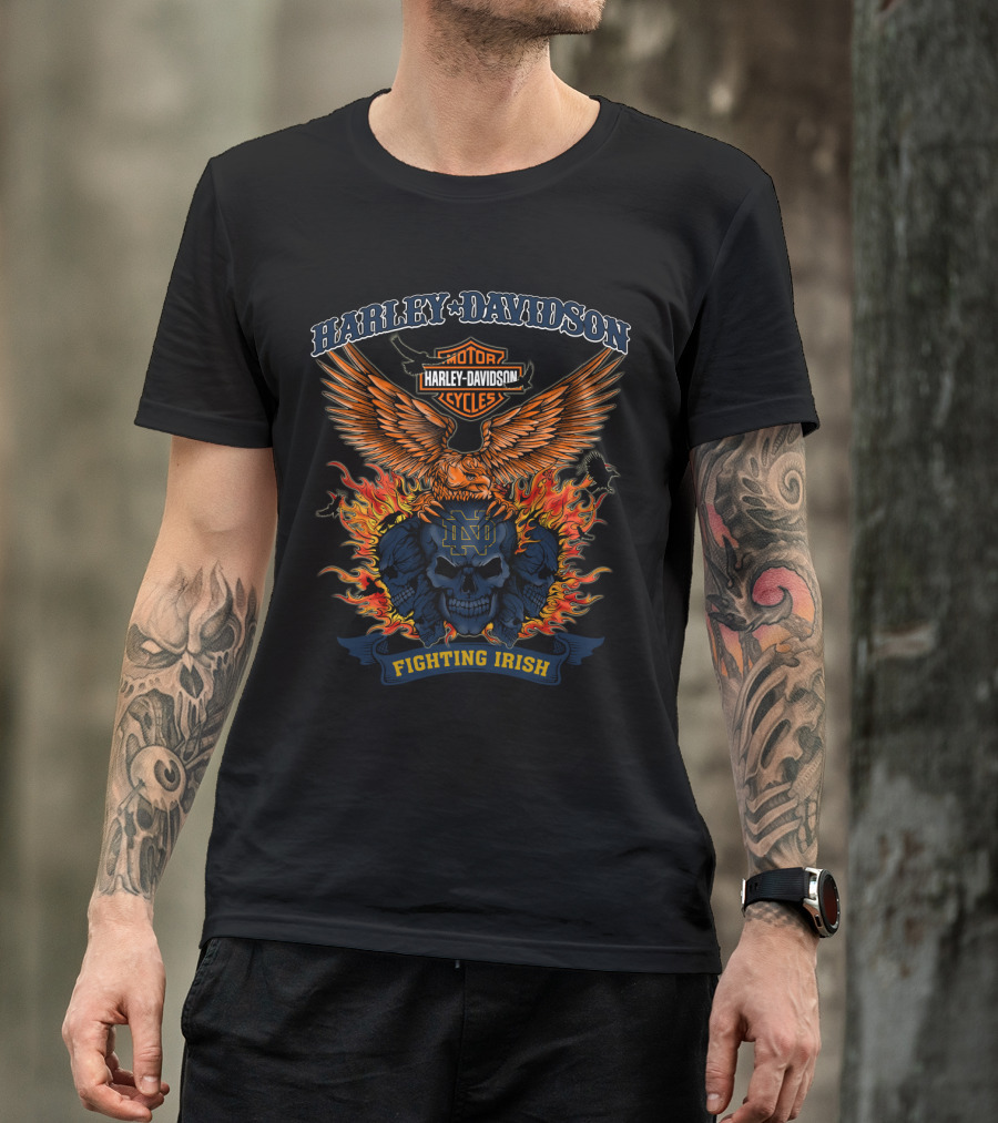 Harley Davidson Notre Dame Fighting Irish Skull And Flames T-Shirt
