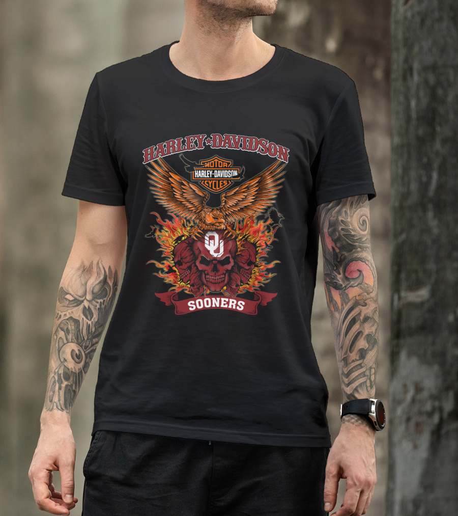 Harley Davidson Motorcycles Oklahoma Sooners Ou Skull Flame T-Shirt