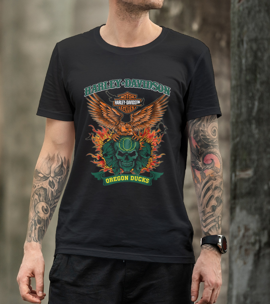 Harley Davidson Oregon Ducks Flaming Skull Eagle T-Shirt