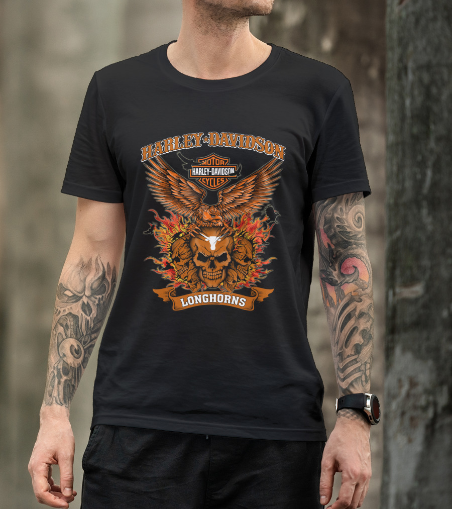 Harley Davidson Motor Cycles Longhorns Flaming Skull Eagle T-Shirt