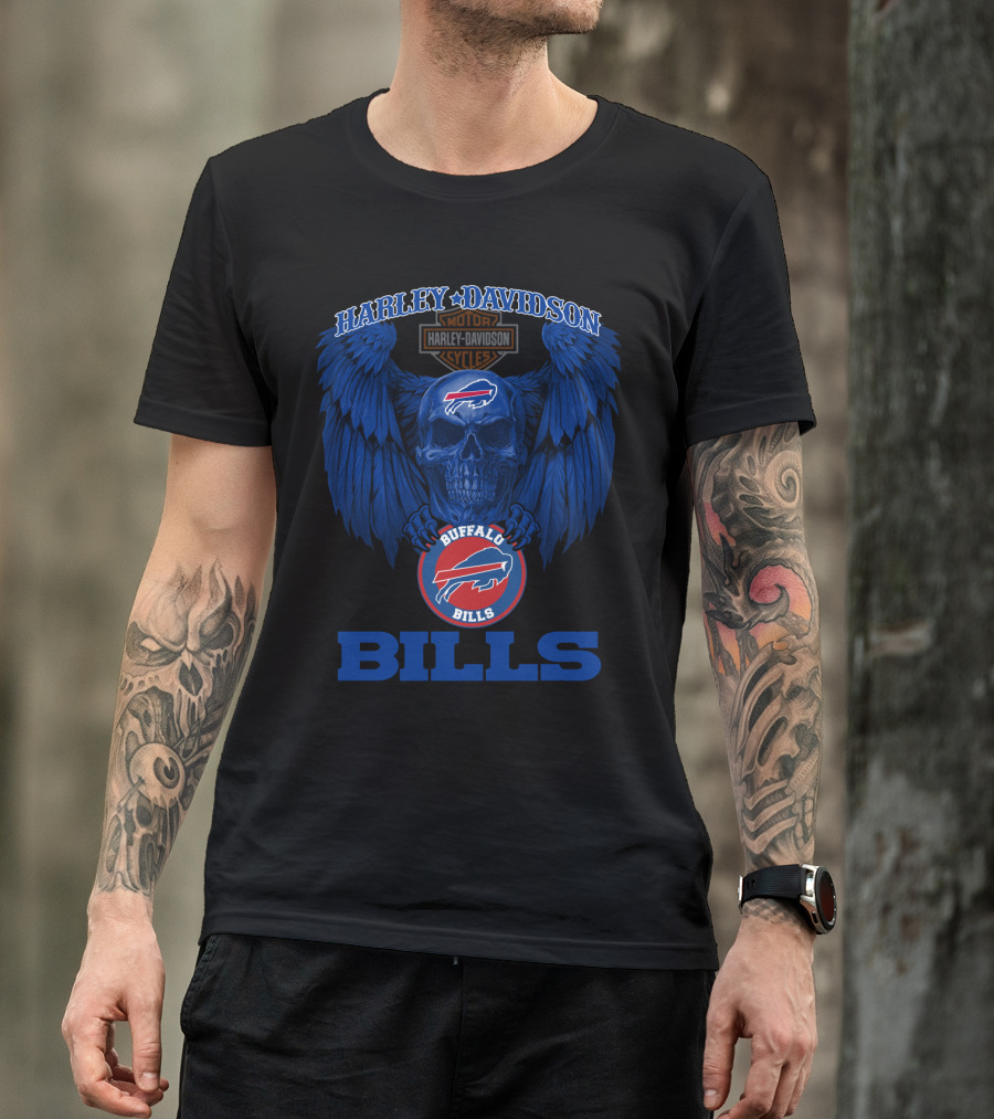Harley Davidson Buffalo Bills Nfl Skull And Wings T-Shirt