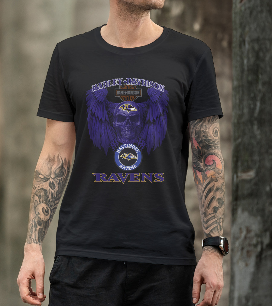 Harley Davidson Motor Cycles Baltimore Ravens Skull With Wings T-Shirt