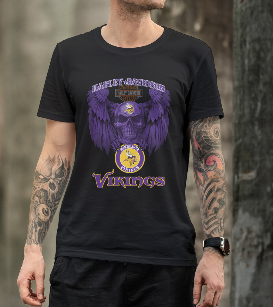 Harley Davidson Minnesota Vikings Motorcycles Purple Skull Wings T-Shirt