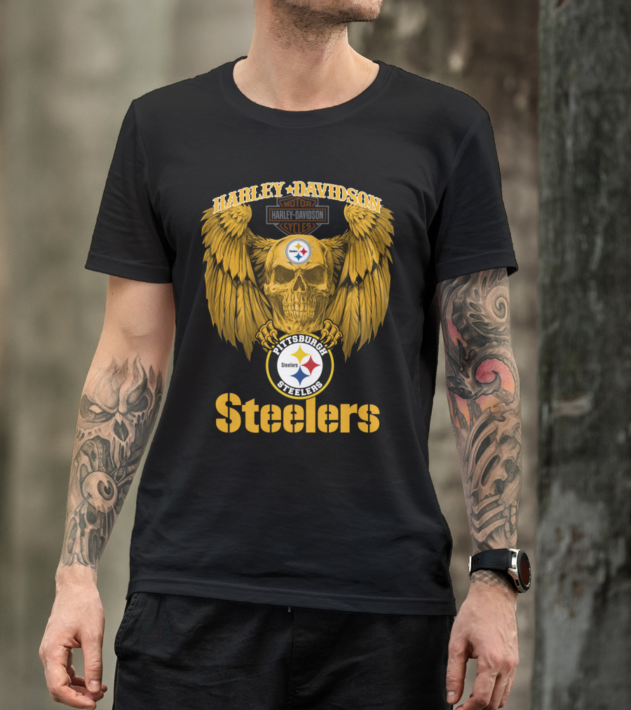 Harley Davidson Pittsburgh Steelers Skull Motor Cycles Winged T-Shirt