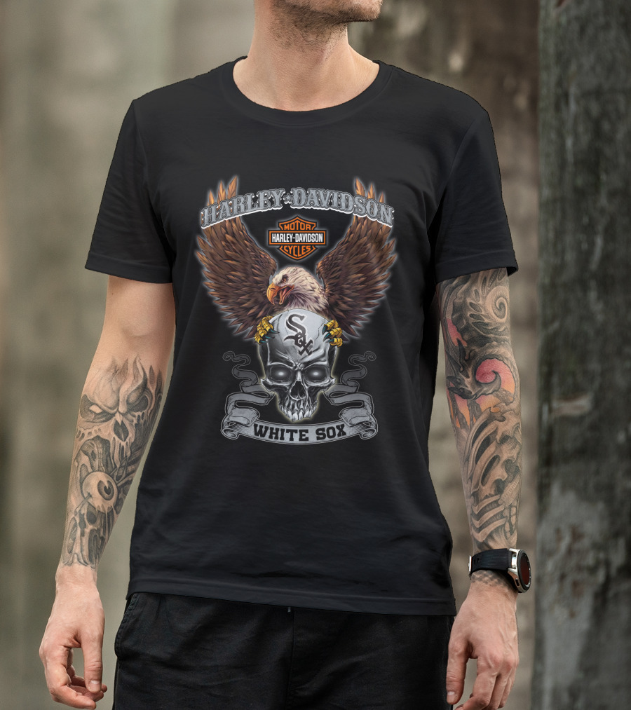 Harley Davidson Motor Cycles Eagle Skull White Sox T-Shirt