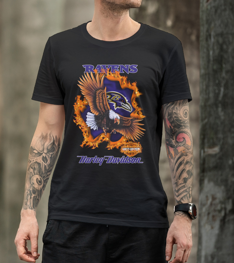 Ravens Harley Davidson Baltimore Ravens Logo Eagle Fire T-Shirt