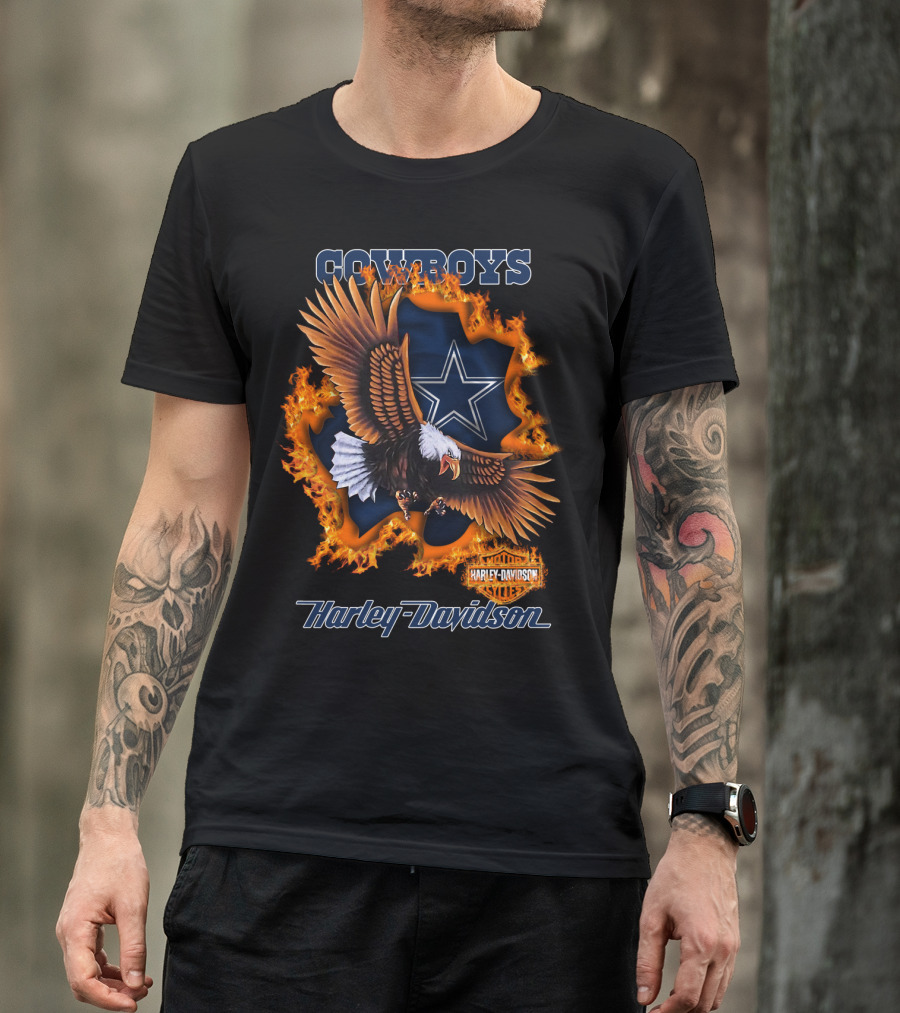 Cowboys Harley Davidson Eagle With Star And Flames T-Shirt