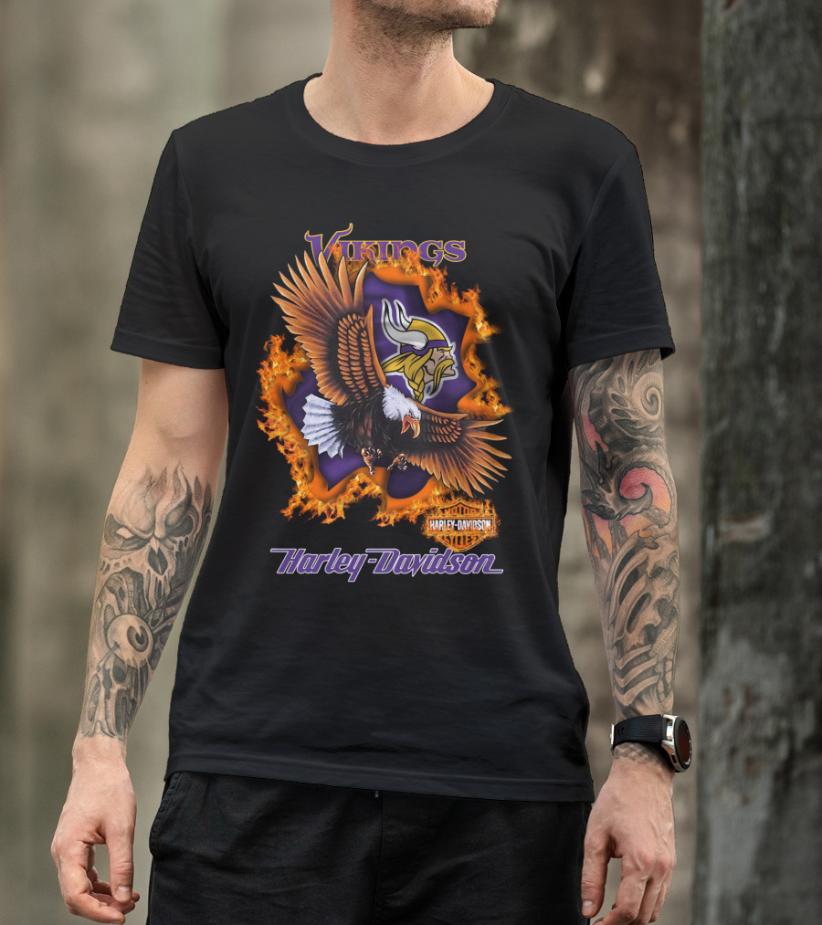 Vikings Harley Davidson Bald Eagle Fire T-Shirt