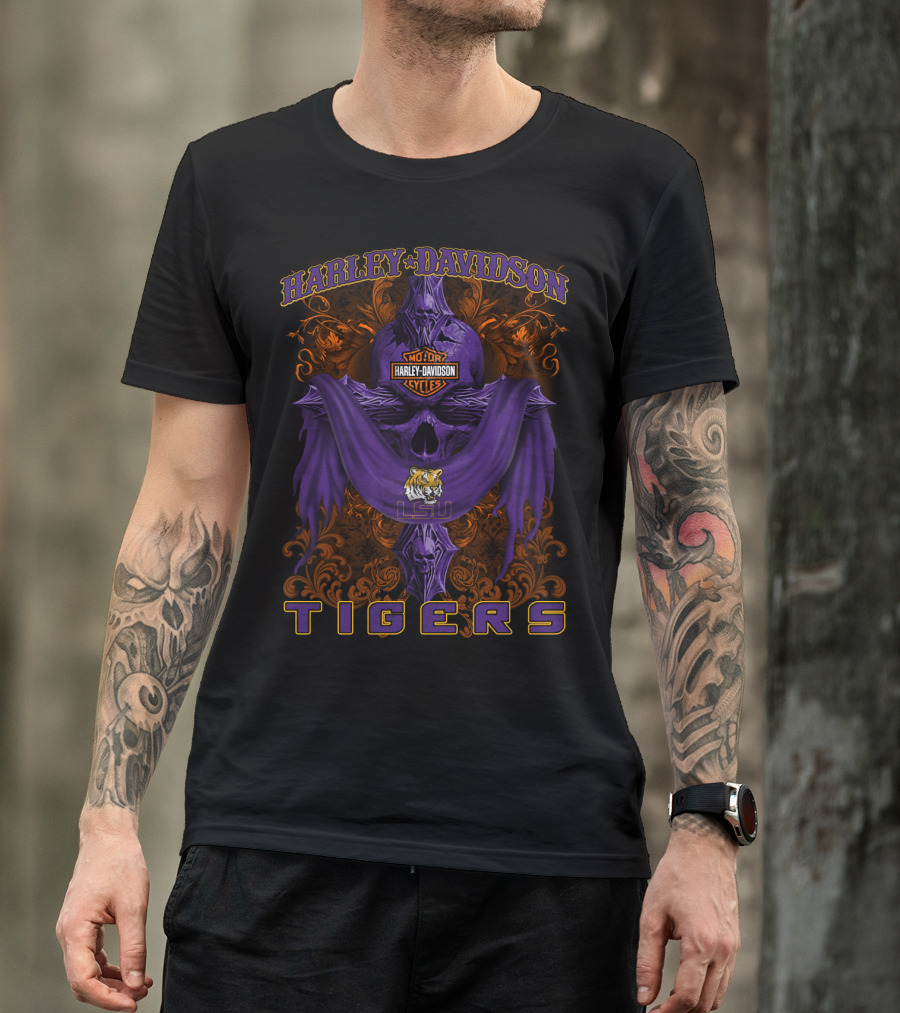 Harley Davidson Lsu Tigers Motorcycle Cycles Skull T-Shirt