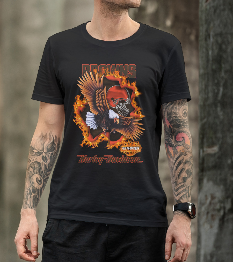 Browns Harley Davidson Nfl 84 Cleveland Browns Eagle Helmet Flames T-Shirt