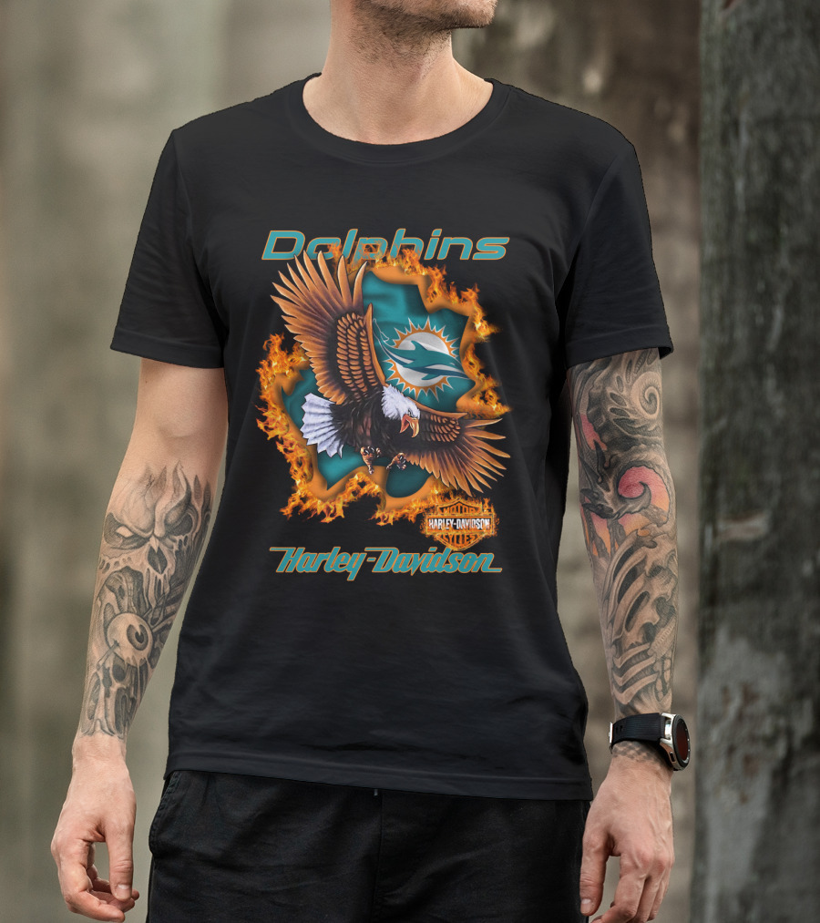 Miami Dolphins Harley Davidson Nfl 84 Bald Eagle Flames T-Shirt
