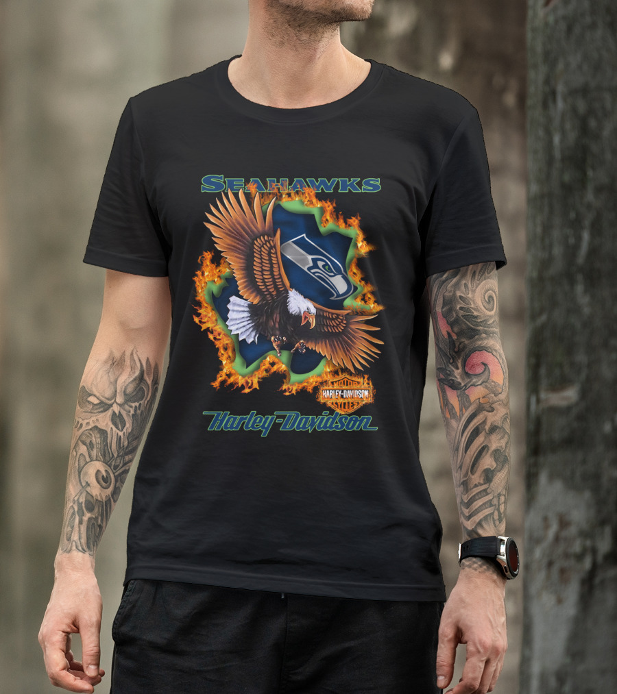 Seahawks Harley Davidson Nfl 84 Seattle Eagle Flame T-Shirt