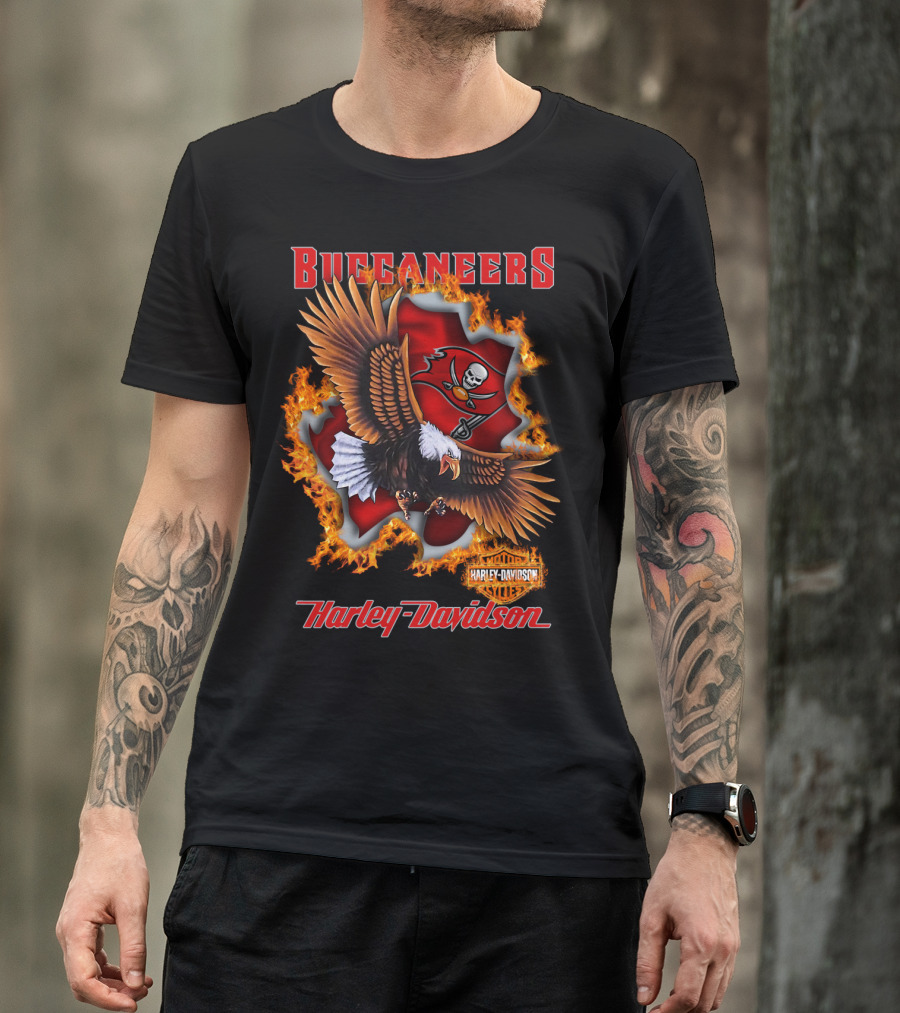 Harley Davidson Buccaneers Tampa Bay Nfl Eagle Logo Fire T-Shirt