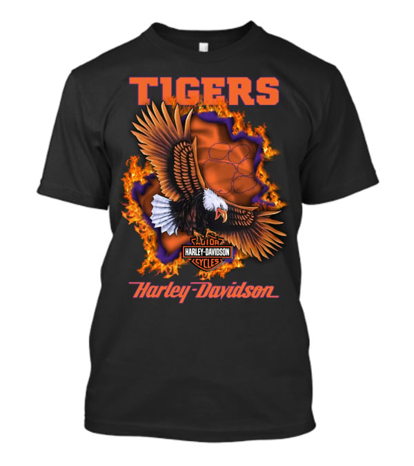 Tigers Harley Davidson Cycles Eagle Flames T-Shirt