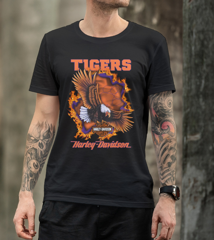 Tigers Harley Davidson Cycles Eagle Flames T-Shirt