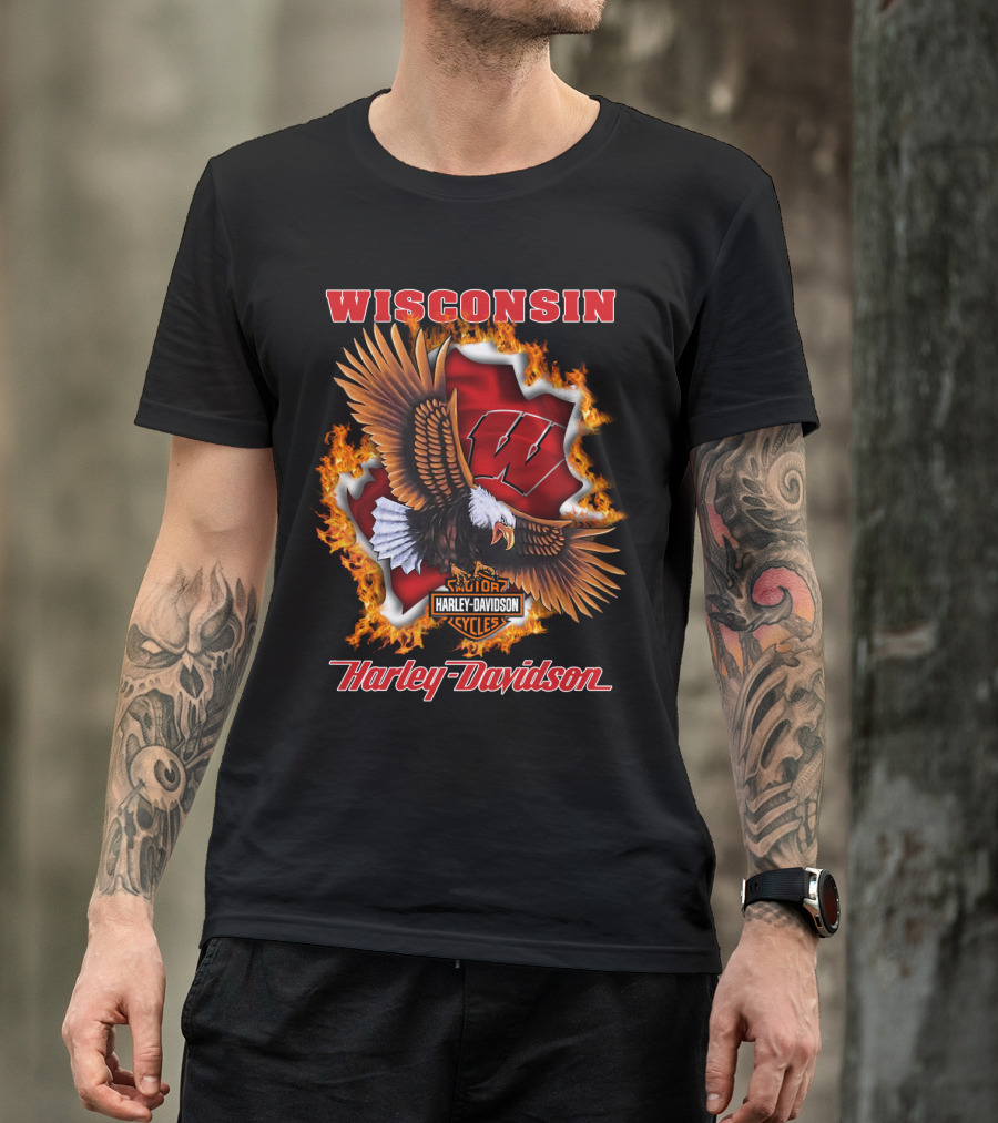 Wisconsin Harley Davidson Ncaa Badgers Flames Eagle T-Shirt