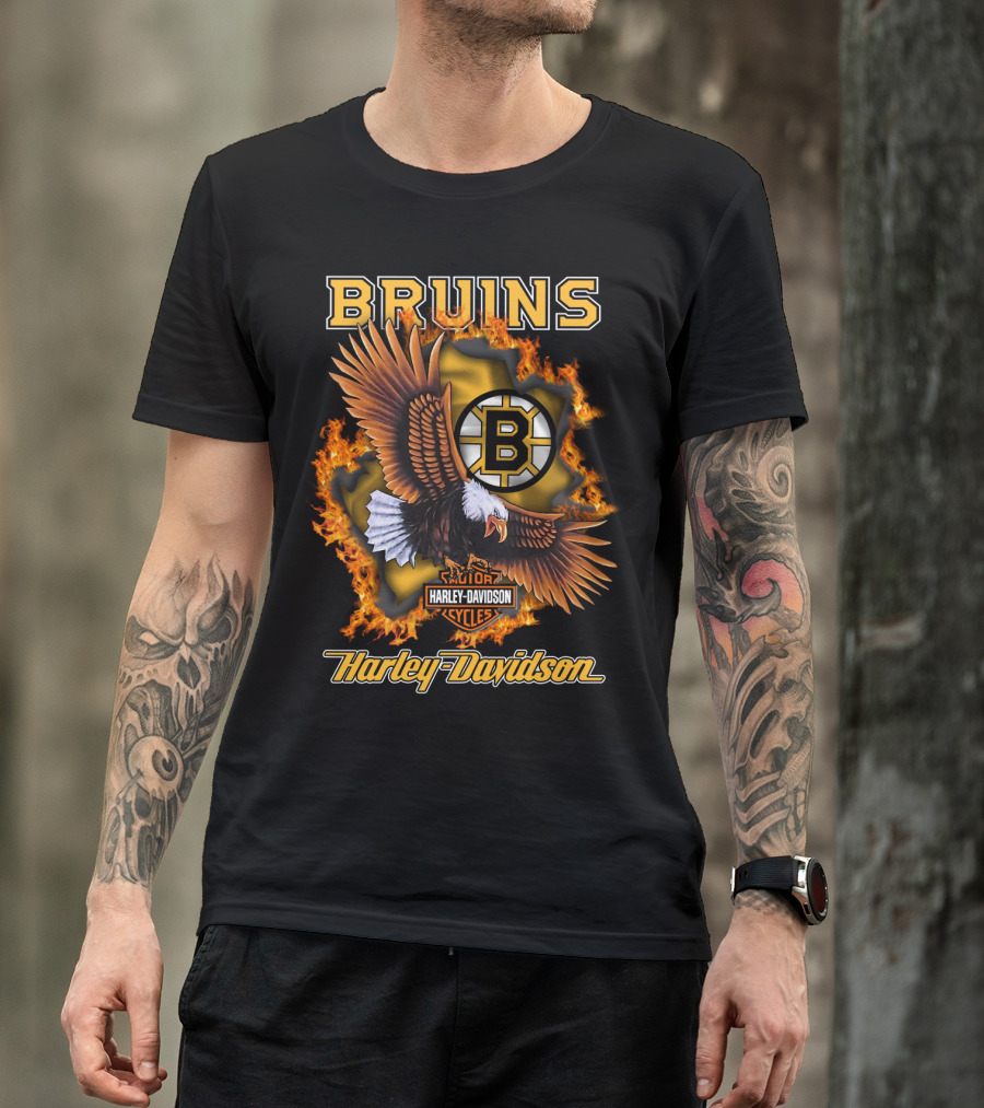 Boston Bruins Harley Davidson Cycles Eagle Flames T-Shirt