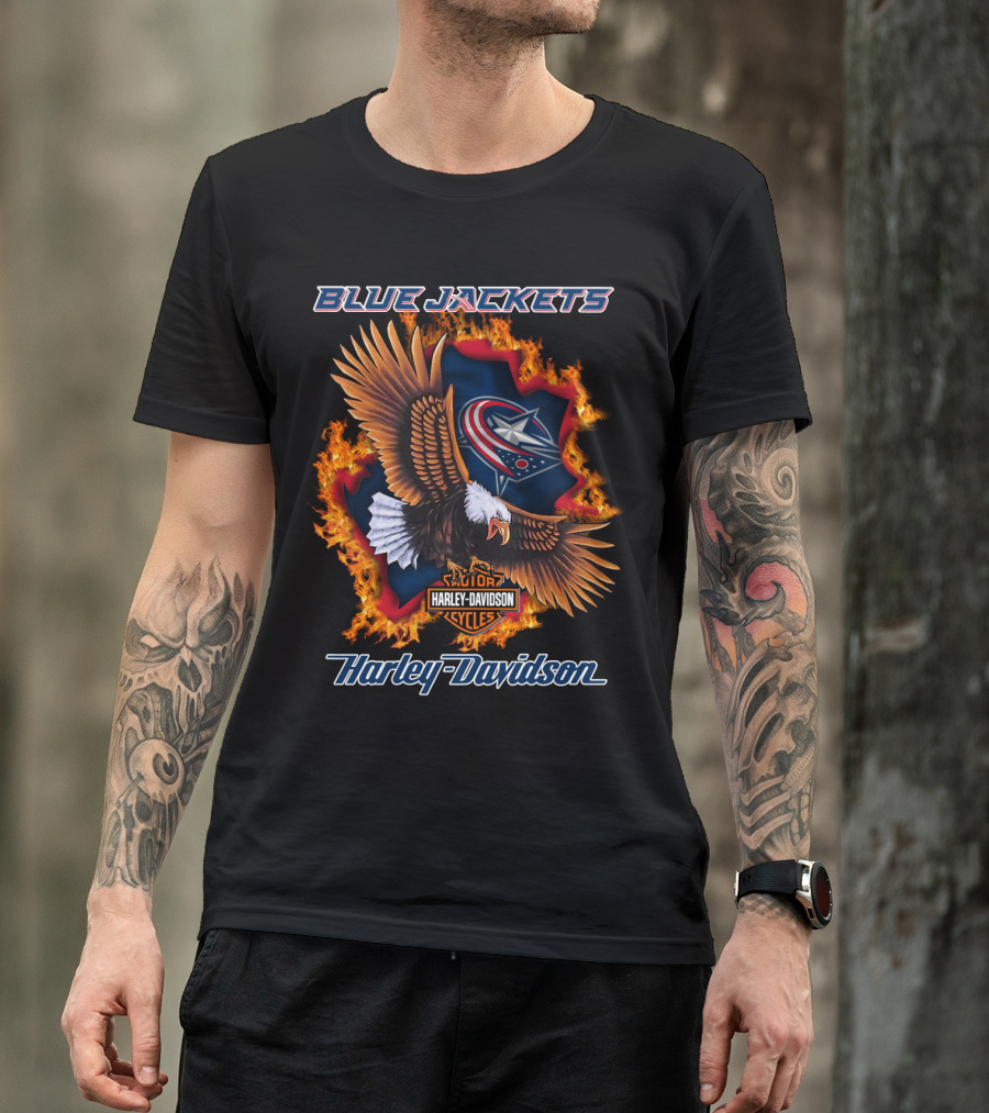 Blue Jackets Harley Davidson Columbus Nhl Cycles Eagle Flame T-Shirt