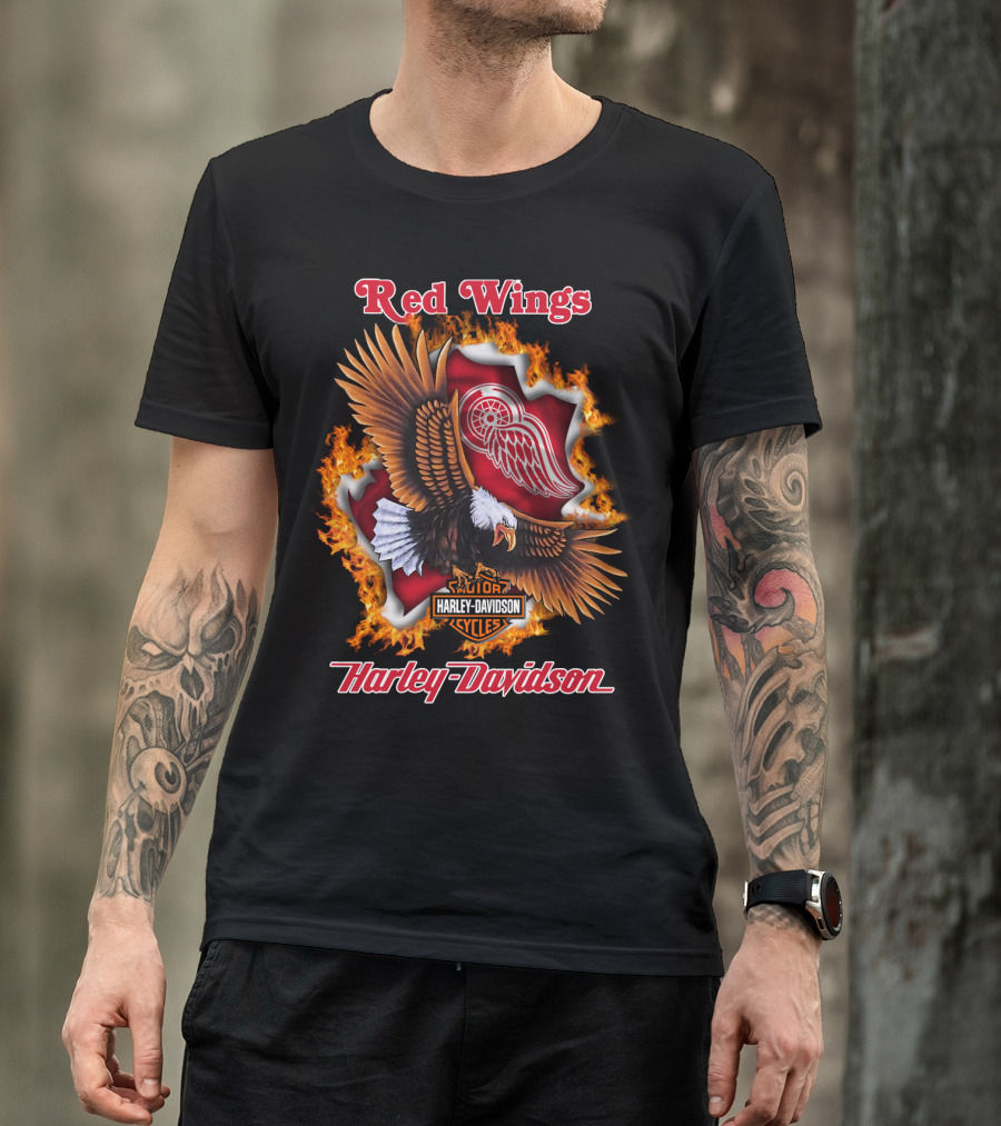 Red Wings Harley Davidson Detroit Nhl Eagle Logo Flames T-Shirt