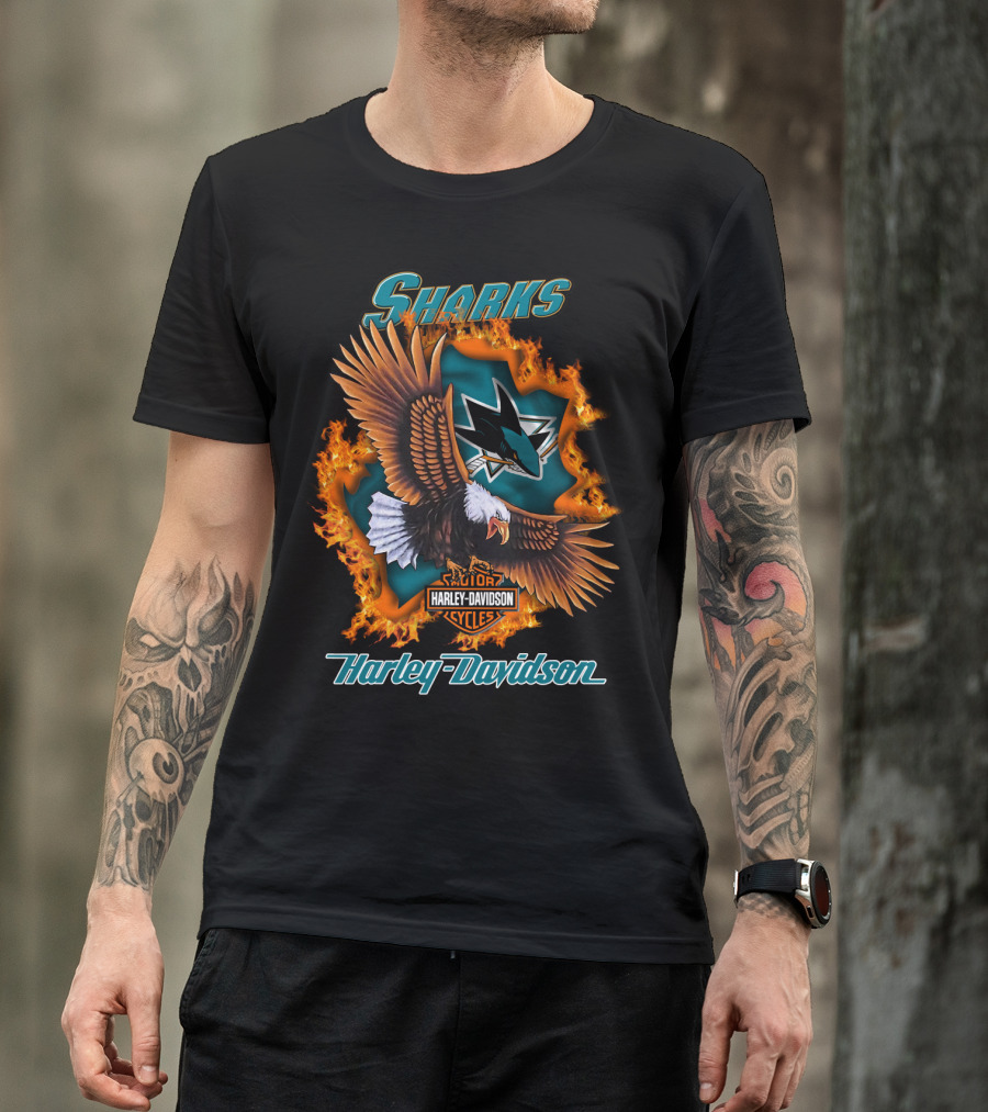 San Jose Sharks Harley Davidson Cycles Eagle Flame T-Shirt