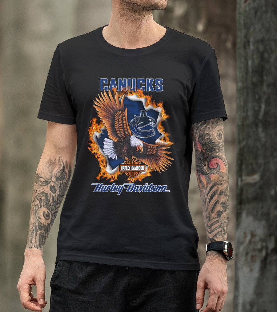 Canucks Harley Davidson Nhl Vancouver Cycles Eagle Flame T-Shirt