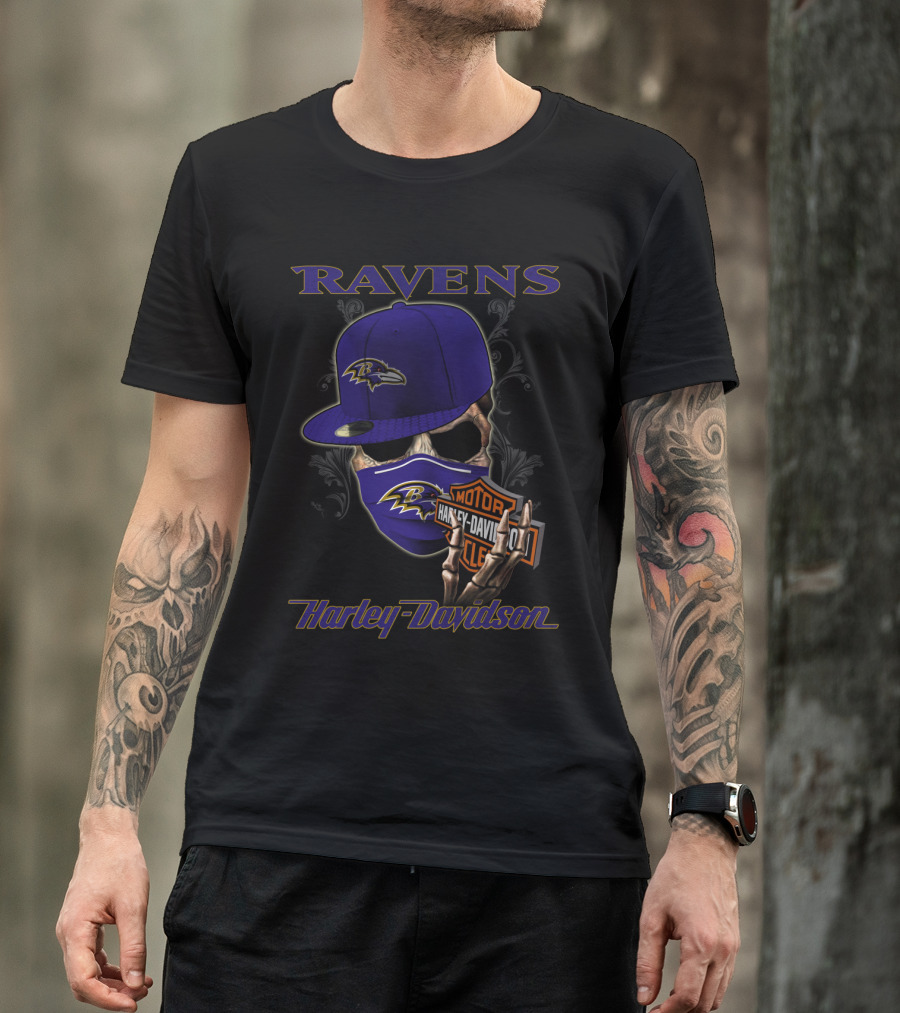 Ravens Harley Davidson Nfl Baltimore Skeleton Mask And Cap T-Shirt