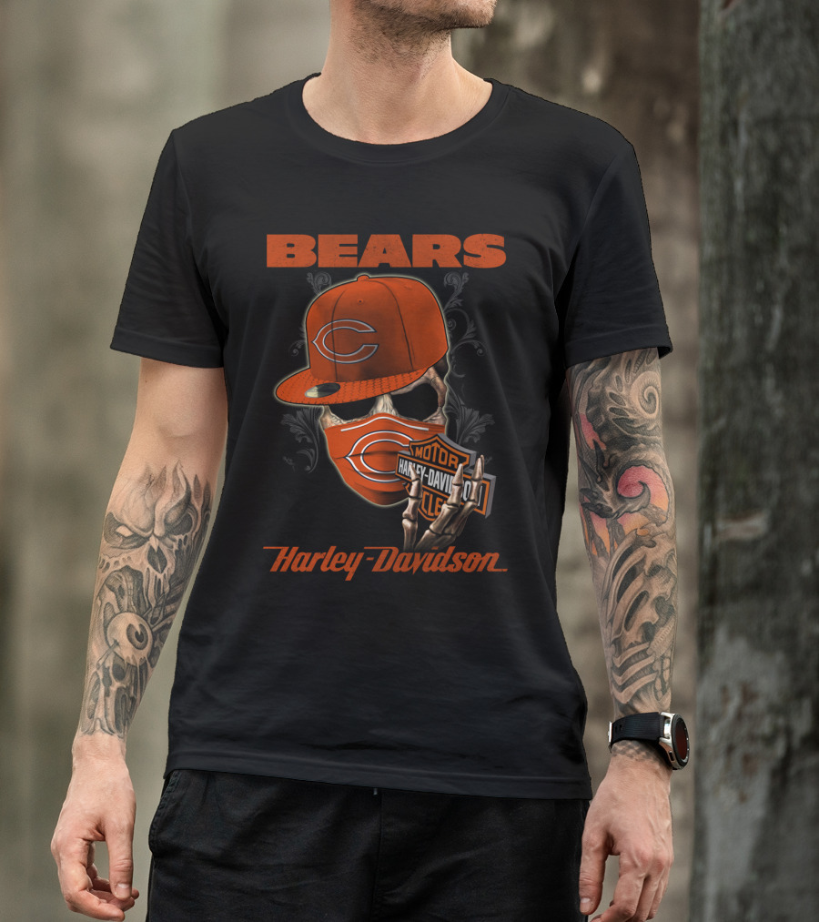 Bears Harley Davidson Skull Motif With Chicago Cap T-Shirt