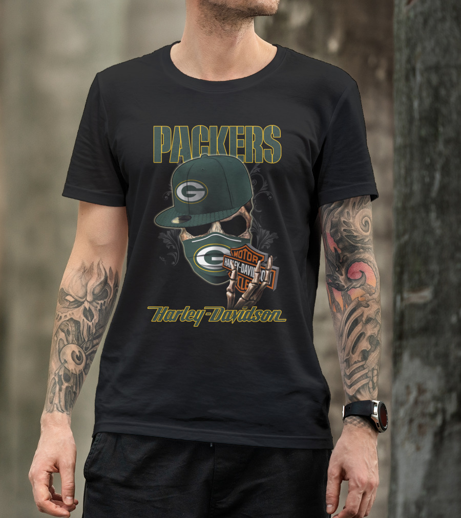 Packers Harley Davidson Skull With Green Bay Packers Cap And Bandana T-Shirt