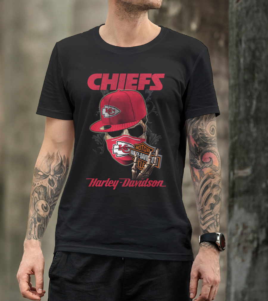 Kansas City Chiefs Harley Davidson Skull And Cap T-Shirt