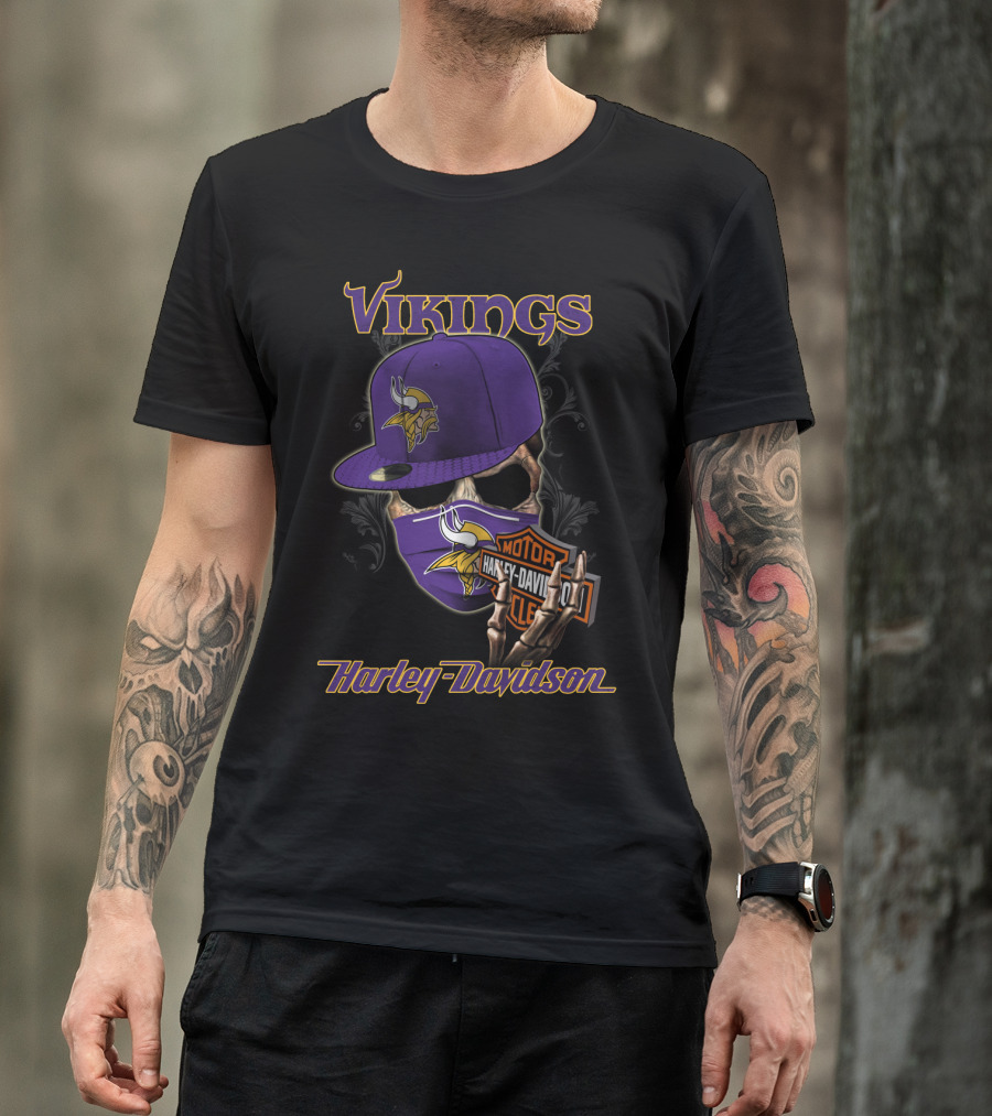 Vikings Harley Davidson Skeleton Wearing Nfl Minnesota Vikings Hat And Mask T-Shirt