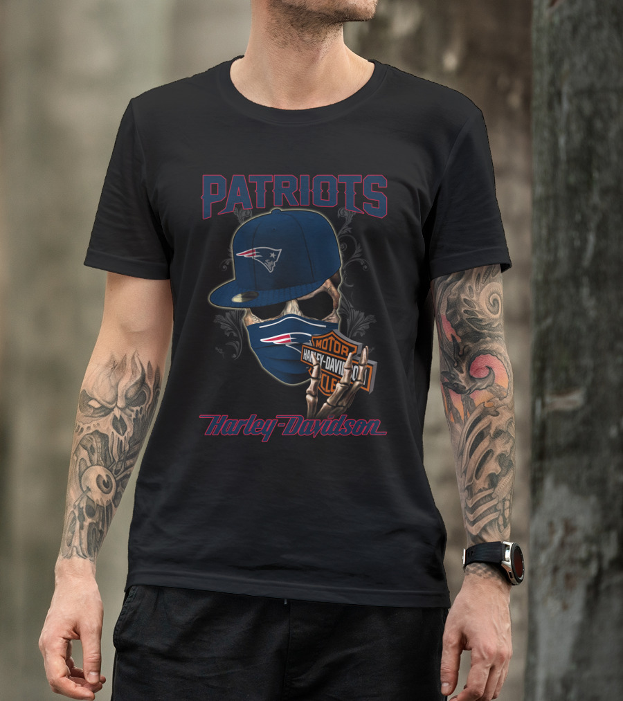 Harley Davidson New England Patriots Skull With Cap And Mask T-Shirt