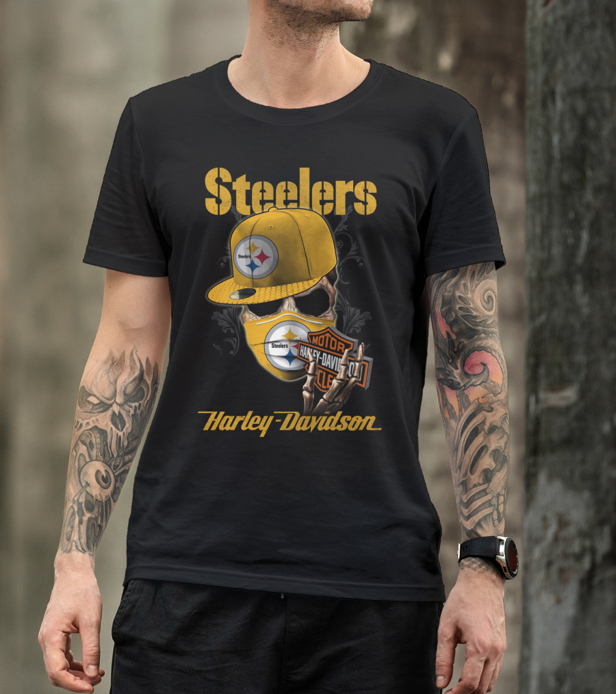 Steelers Harley Davidson Skull With Cap And Motorcycle T-Shirt