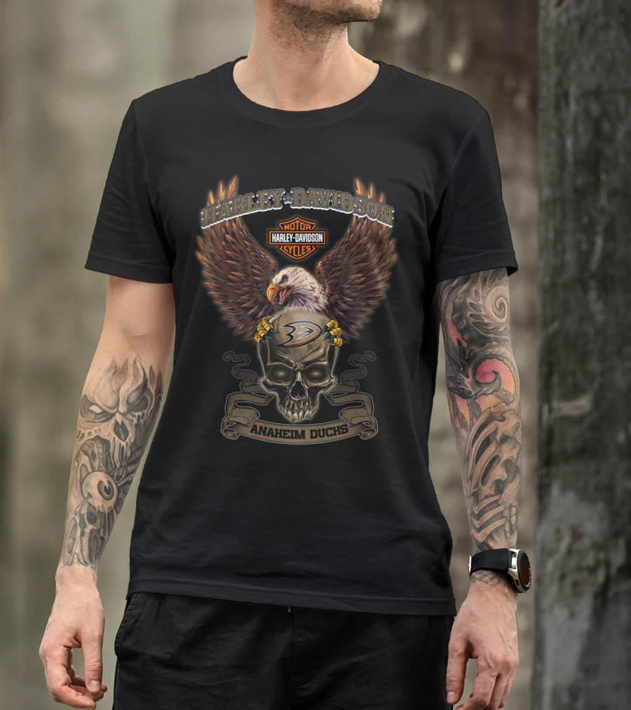 Harley Davidson Motor Cycles Eagle Skull Anaheim Ducks T-Shirt