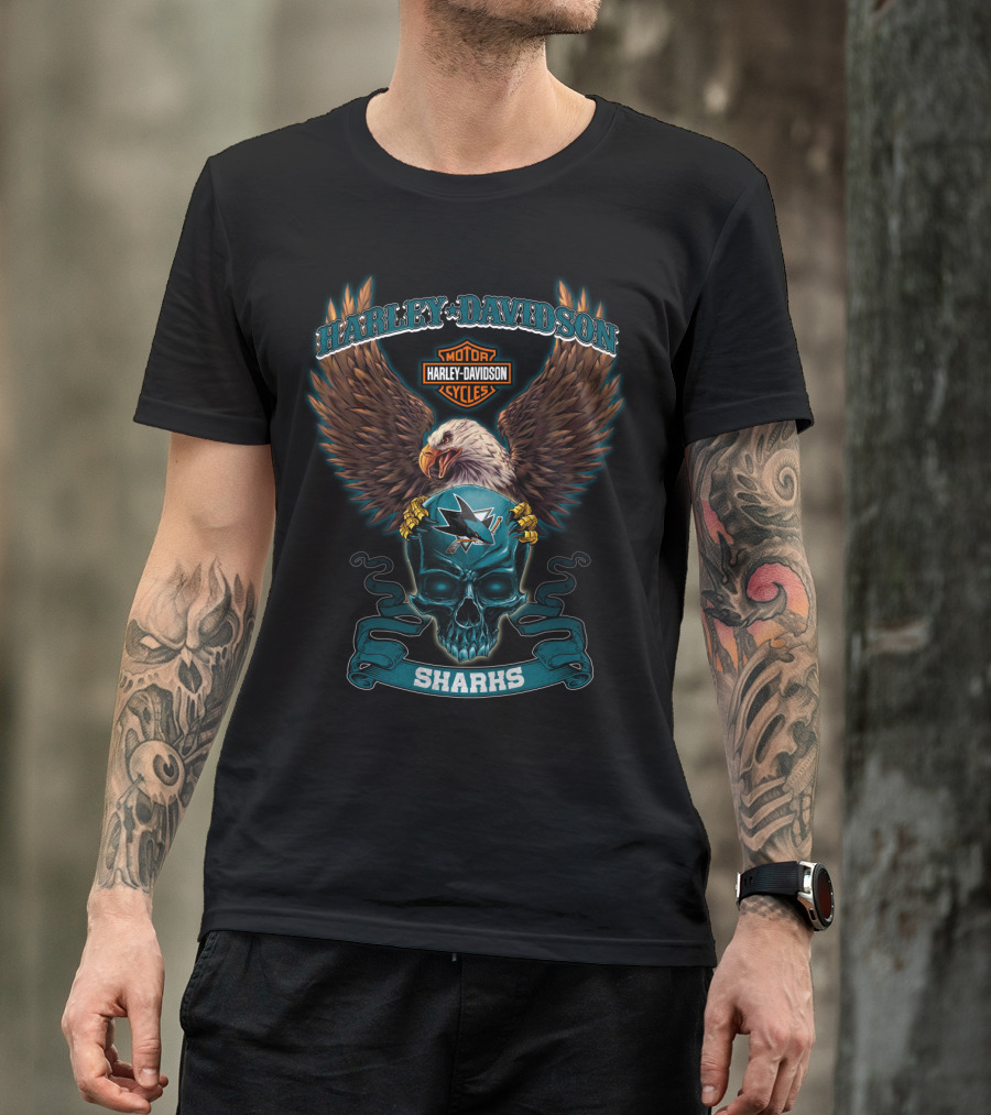 Harley Davidson Sharks Motor Cycles Eagle Skull T-Shirt