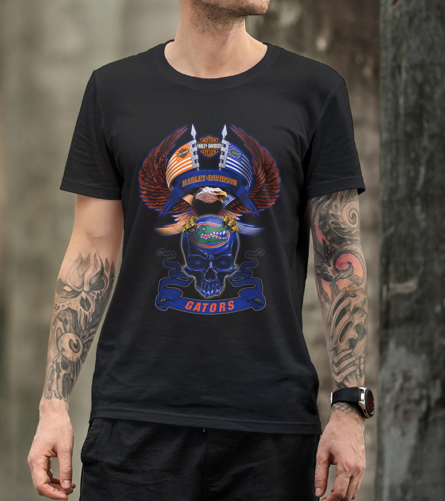 Harley Davidson Motor Cycles Florida Gators Eagle Skull T-Shirt