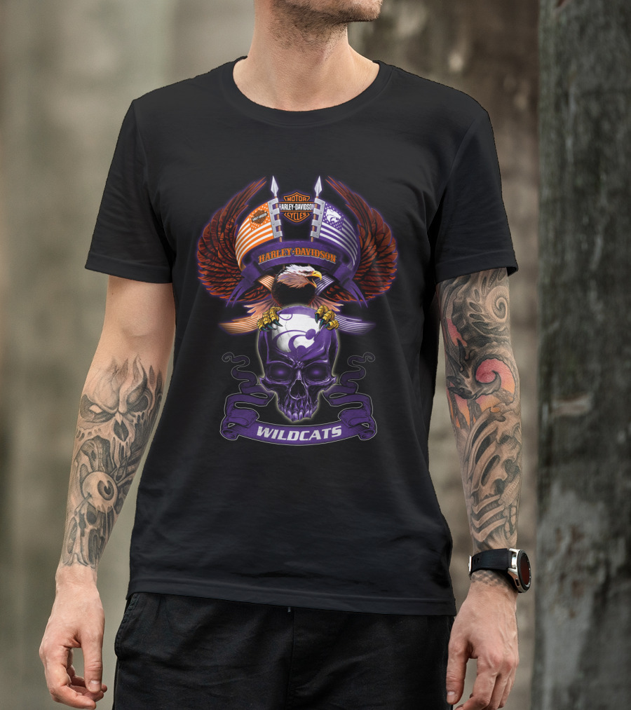 Harley Davidson Motor Cycles Kansas State Wildcats Bald Eagle Skull Wings T-Shirt