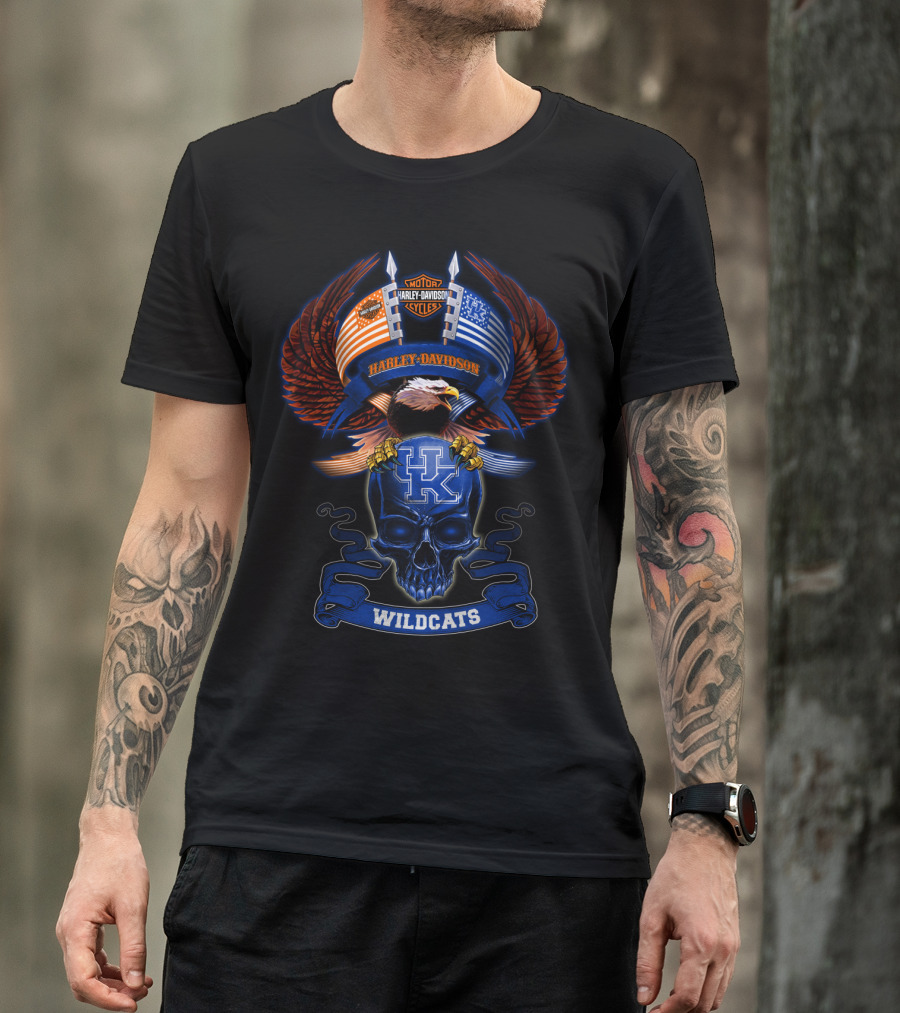 Harley Davidson Kentucky Wildcats Skull And American Flag Eagle T-Shirt