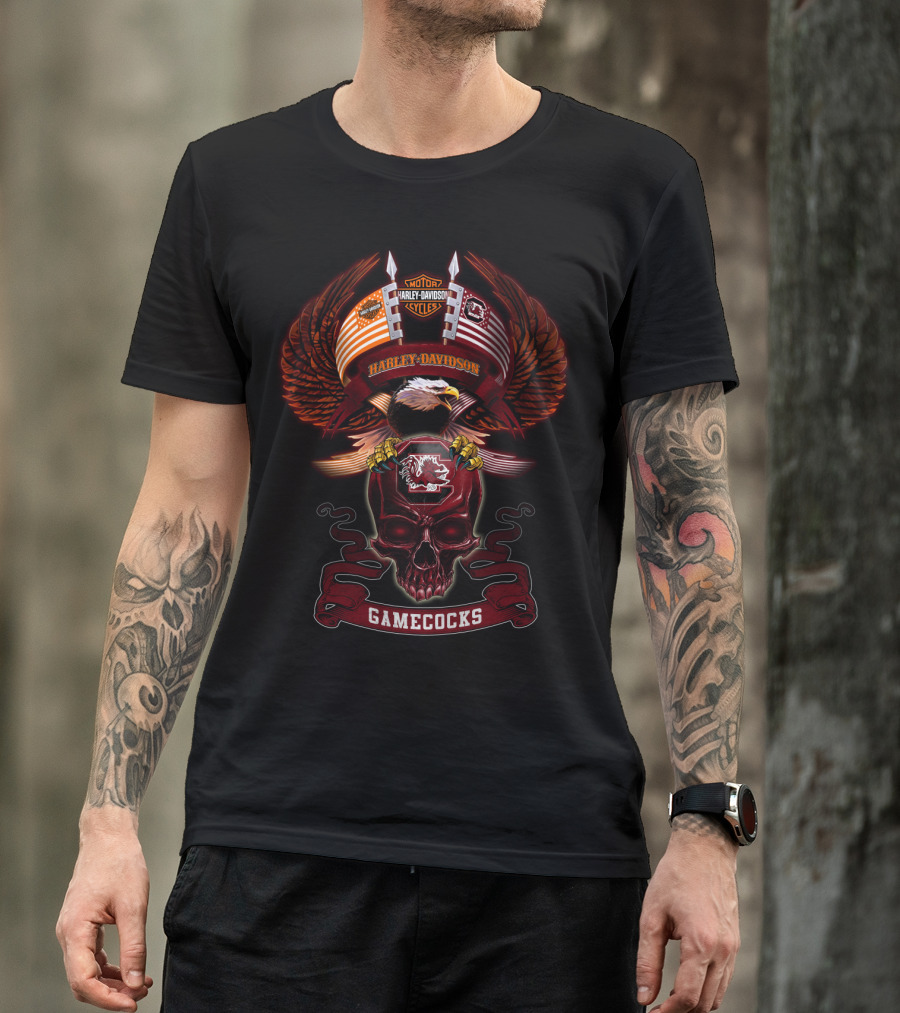 Harley Davidson Motorcycles Gamecocks South Carolina Bald Eagle Skull T-Shirt