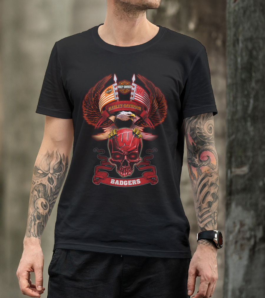 Harley Davidson Badgers Skull Eagle Wisconsin T-Shirt