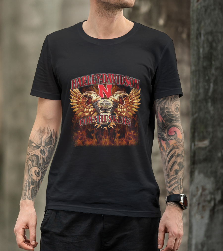 Harley Davidson Nebraska Cornhuskers N Logo With Wings And Flames T-Shirt