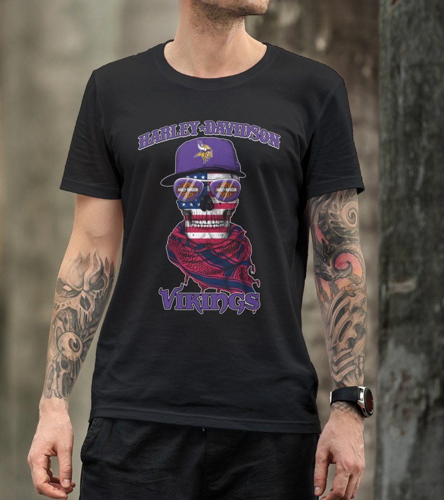 Harley Davidson Vikings Minnesota Skull Usa Flag Nfl T-Shirt