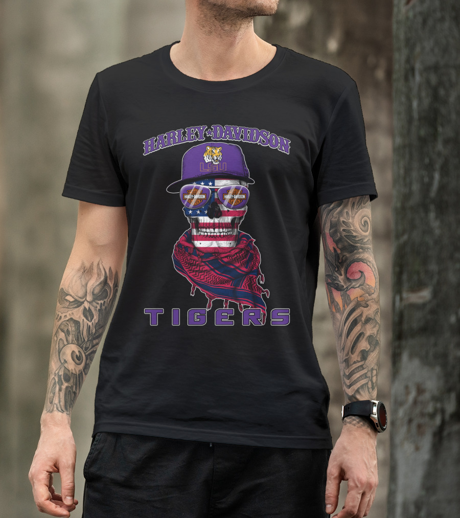 Harley Davidson Lsu Tigers Skull With American Flag And Cap T-Shirt