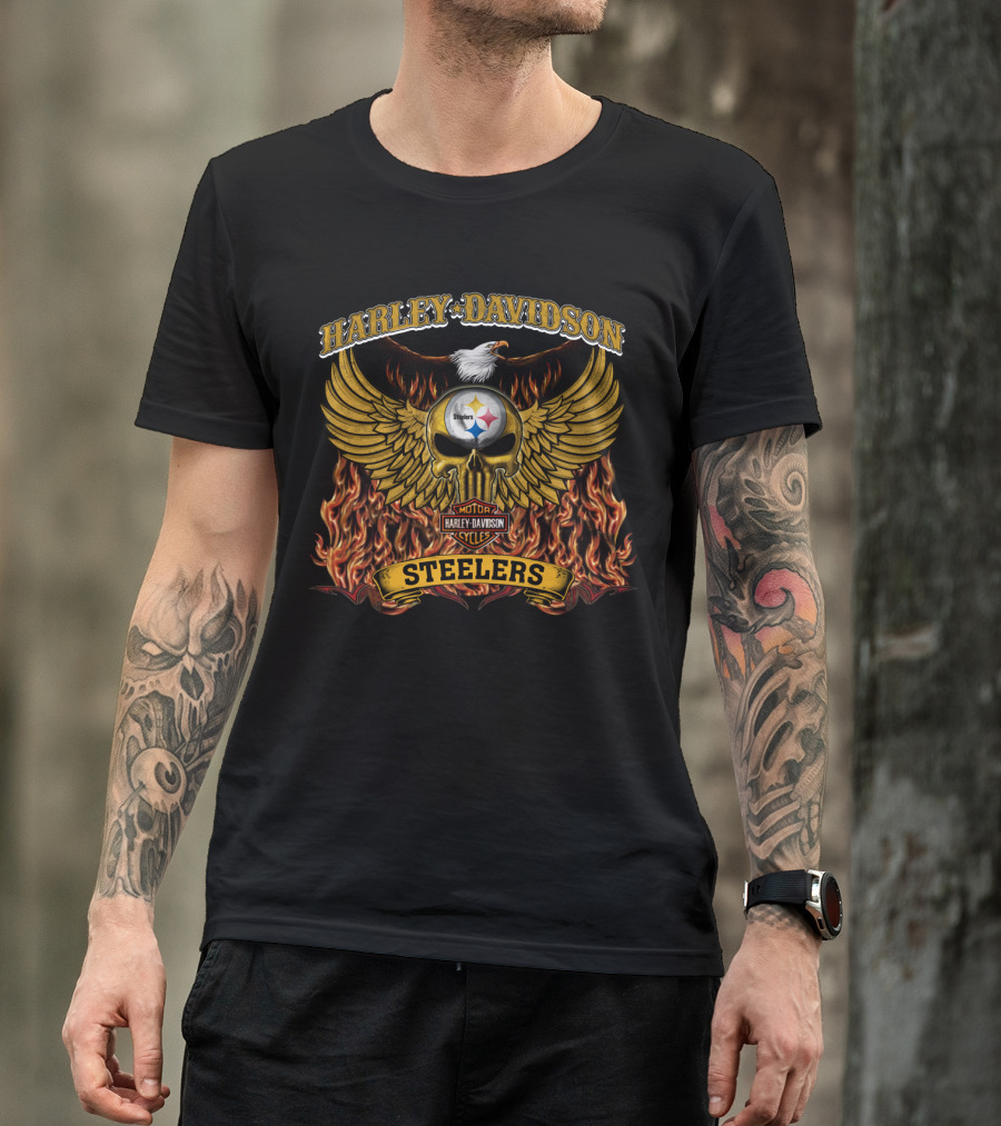 Harley Davidson Pittsburgh Steelers Winged Skull Flames T-Shirt